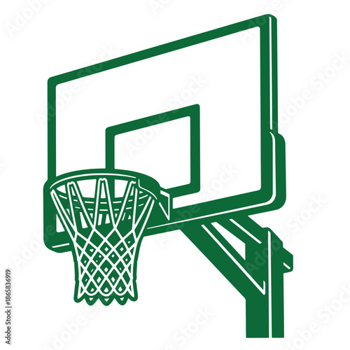 Green basketball hoop with net and backboard in simple line art style isolated on white background