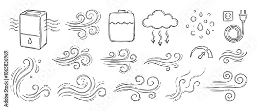Doodle icon set with a hand-drawn humidifier, swirling wind, steam, water drops, cloud, and electrical plug for air quality and weather concepts