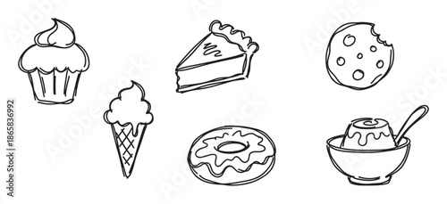 Set of six hand-drawn dessert icons featuring a cupcake, pie, cookie, ice cream, donut, and pudding in a simple black and white doodle sketch style for graphic design elements