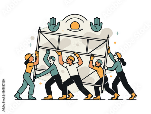 Teamwork in Action. Lifting a scaffold frame. A team raises a large metallic scaffold panel together, with support icons and balance arcs floating above.
