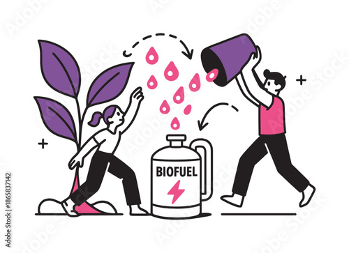 Biofuel Energy Transformation. Biofuel Harvest Scene. Stylized plants release glowing droplets that float toward a small reactor tank, showing energy