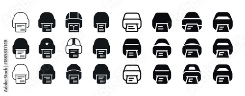Collection of 25 diverse robot head icons in black and white vector style