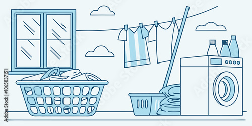 Simple line art illustration depicting the essential process of laundry day featuring a washing machine clothesline baskets and cleaning supplies