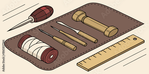A traditional leatherworking tool kit featuring specialized awls punches a wooden mallet and a measuring ruler ready for crafting projects