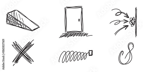Set of six hand-drawn black doodle icons illustrating business concepts like obstacles, solutions, resistance, and flexibility in a simple sketchy style