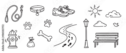 Collection of hand-drawn dog walking icons in a simple black and white doodle style, featuring a leash, collar, paw print, bone, sneakers, and park elements like a bench