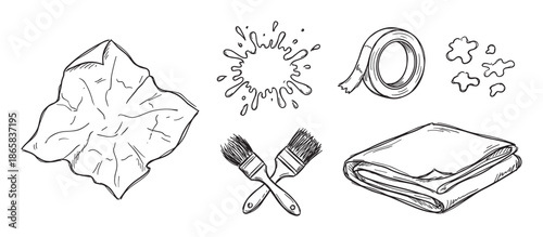 Hand-drawn sketch collection of painting supplies showing crossed brushes, a tape roll, paint splash, crumpled paper, and a folded cloth in a monochrome doodle style