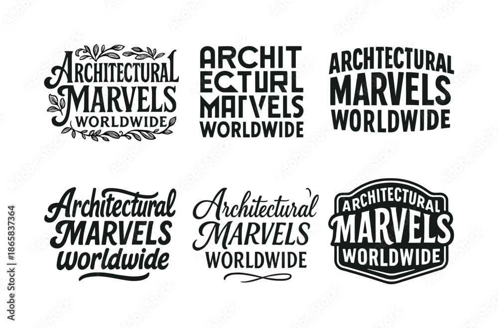 Fototapeta premium Architectural Lettering Artistry. Architectural marvels worldwide. Set lettering. harmonious lettering variations of the same emblematic concept, each with
