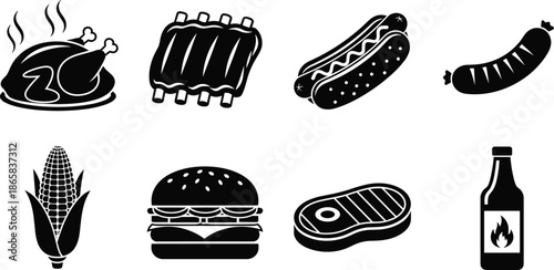 Set of Black Barbecue Food Icons Featuring Roasted Chicken Ribs Hot Dog Sausage Corn Burger Steak and Hot Sauce Bottle Silhouettes