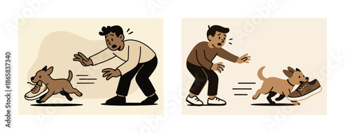 Playful puppy escaping with shoe while chased by surprised young caucasian male