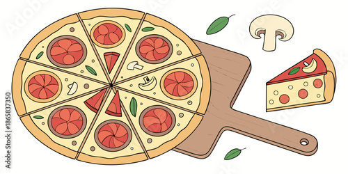 Delicious cartoon illustration of a whole tomato and pepperoni pizza sliced neatly on a wooden serving board ready for eating.