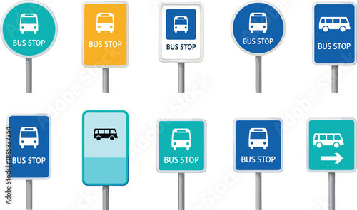 Set of Colorful Bus Stop Road Signs in Blue Teal and Yellow Featuring Various Shapes and Minimalist Public Transportation Icons