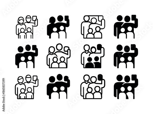 Family Vacation Icons. taking a family vacation photo. Icon set. Set Logo of taking a family vacation photo: family posing together. harmonious logo variations