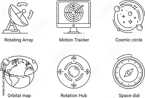 Set of six minimalist black white line icons featuring rotating array motion tracker cosmic circle orbital map rotation hub and space dial.