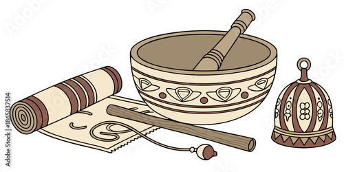 Collection of Tibetan singing bowls a yoga mat and a ceremonial bell representing deep meditation and spiritual practice elements