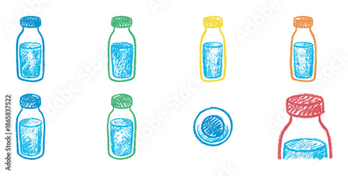 Colorful hand-drawn illustration set of bottles with a crayon texture and sketchy outlines, showing various containers with blue liquid, ideal for beverage and recycling themes