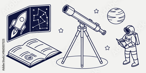 A collection of stylized astronomical and space exploration icons featuring a telescope an astronaut a constellation map and a textbook for science education