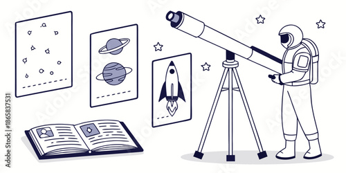 Astronaut studying celestial bodies with a large telescope surrounded by space-themed educational visuals and an open astronomy book
