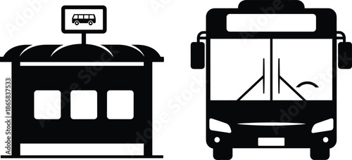 Set of two black silhouettes featuring a modern bus front view and a terminal bus stop station isolated on white background.