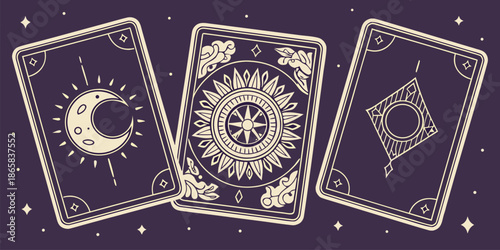 Three mystical tarot cards showing detailed designs of the sun, crescent moon, and geometric patterns are scattered against a.