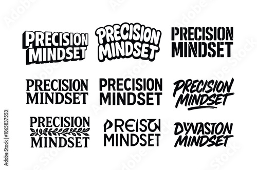 Diverse Lettering Styles. Precision mindset. Set lettering. harmonious lettering variations of the same emblematic concept, each with different artistic