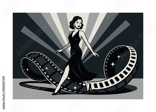 Film Reel Glamour. Film reel glamour. Model stepping over unspooled film strip; spark-like glints along the reel. Light rays fanning out dramatically. Modern