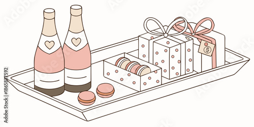 Two bottles of pink sparkling beverage rest next to wrapped gifts and macarons on a serving tray for a celebration.