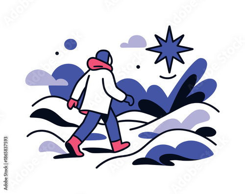 Winter Walk Towards Star. Frozen landscape. A lone figure in a winter coat walks through abstract snowdrifts toward a floating northern star icon. Modern