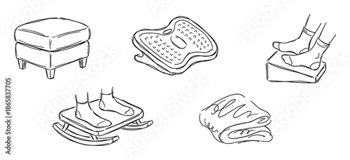 Hand-drawn collection of ergonomic footrests, an ottoman, and a cozy blanket, illustrated as a set of simple black and white line art doodles for relaxation