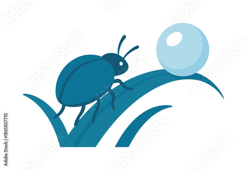 Beetle and Dewdrop. Beetle and dewdrop. A beetle pauses near a glowing dewdrop on a blade of grass, reflections shimmering softly. Curved shapes underline