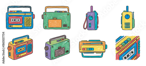 Collection of colorful retro cassette players and walkie-talkies in a hand-drawn doodle style, showcasing nostalgic vintage 80s electronic music and communication gadgets