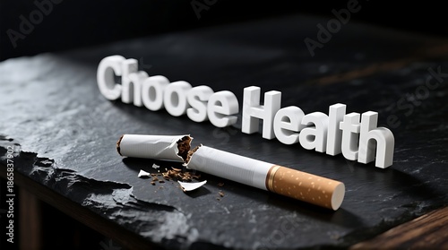 A broken cigarette lies next to the words Choose Health on a dark surface