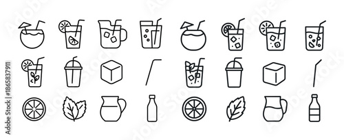 Icon set of refreshing beverages and drink accessories