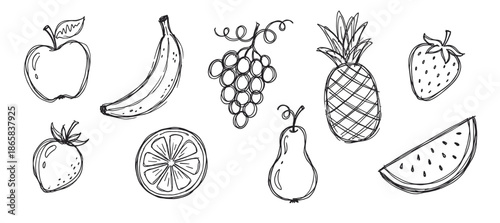 Hand drawn sketch fruit icon collection featuring an apple, banana, pineapple, and strawberry in a simple black and white doodle style illustration set for healthy eating concepts