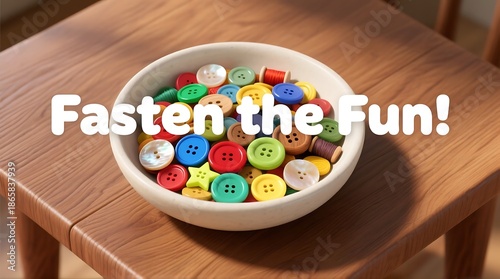 A bowl of colorful buttons sits on a wooden table with the words 'Fasten the Fun!' superimposed over it.
