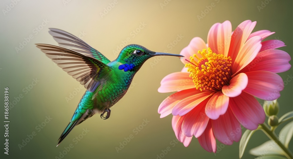 Fototapeta premium Hummingbird Feeding on Pink Dahlia Flower in Soft Sunlight