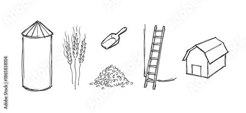 Hand-drawn black and white farming icons featuring a silo, barn, wheat, grain, scoop, and ladder in a simple, minimalist sketch style for agricultural design concepts