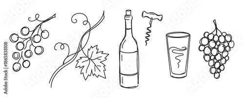 Hand drawn black and white wine icons set featuring a bottle, glass, corkscrew, grapes, and grapevine elements in a simple sketch doodle style for winery or restaurant menu design