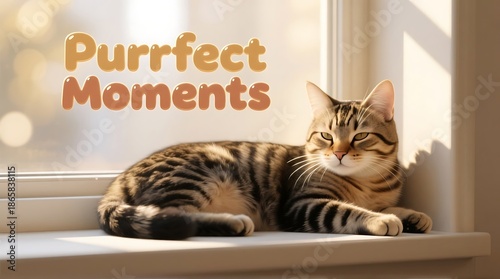 A serene tabby cat lies comfortably on a sunny windowsill, surrounded by warm natural light.