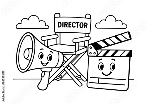 Director's Tools Coloring. Director?s tools children?s coloring book illustration, outlined drawing, a friendly megaphone, chair, and clapboard arranged