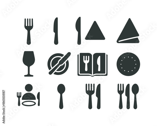 Table Etiquette Icons. Table etiquette. Solid icon set of table etiquette: fork placement, knife placement, napkin fold, wine glass positioning, bread plate,