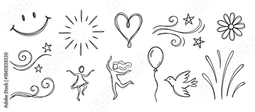 Set of hand-drawn doodle elements with a smiley face, heart, stars, flower, and dancing figures in a simple black line art style expressing joy and celebration