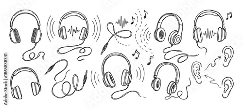 Hand-drawn doodle collection of headphones and audio elements with sound waves, musical notes, and listening ears in a sketchy black and white line art illustration style