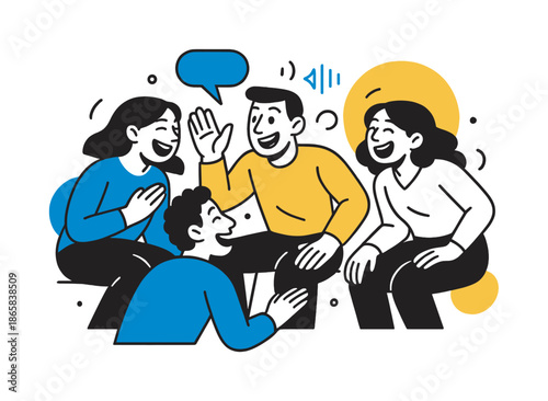 Dynamic Group Storytelling. Group storytelling. One person animatedly tells a story while others laugh, leaning in; abstract dialogue and echo icons float