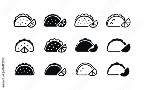 Taco Icon Set. Tacos. Icon set. Set Logo of tacos: taco and lime wedge. harmonious logo variations of the same emblematic concept, each with different artistic