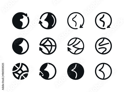 Earth Rotation Logos. Earth's rotation. Icon set. Set Logo of earth's rotation: rotating hemisphere split. harmonious logo variations of the same emblematic
