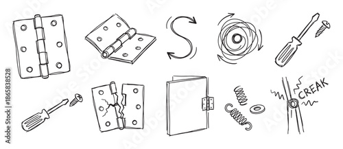 Hand-drawn doodle collection of door hinge repair elements showing a screwdriver, screw, spring, and broken parts in a simple black and white sketch style illustration set