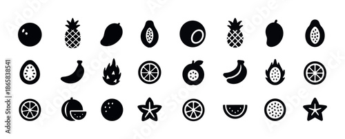 Collection of various fruit silhouettes in black and white icons