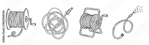 Set of four hand-drawn garden hoses in a simple black and white line art style, showing different ways of storing and using the watering equipment for gardening