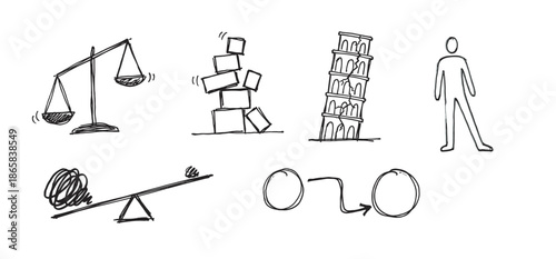 Hand-drawn doodle icons set representing concepts of imbalance, risk, instability, and transformation in a simple black and white sketch style for visual communication